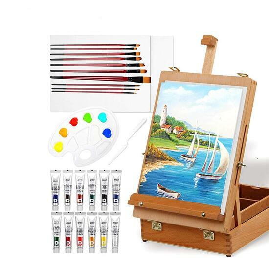 Тип товара Коробка 6 шт. Набор подарочный «Две картинки» 27 предметов: этюдник 35 см из бука, краски акрил 12x12 мл, 2 холста 22x30 на мдф, 10 кистей, мастихин, палитра
