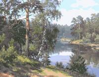 Картина по номерам «Пейзаж с густым лесом и рекой»