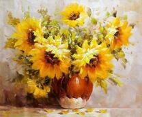 Букет подсолнухов в глиняной вазе