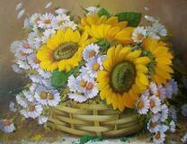 Корзина полная ромашек и подсолнухов