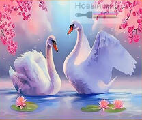 Пара лебедей на озере в цветущей сакуре