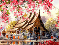 Красивый храм и цветение сакуры