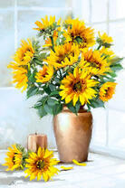Вазочка с большим букетом подсолнухов