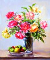 Букет пионов и тарелка с фруктами