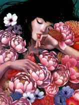 Девушка спит в цветах