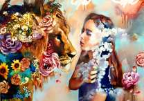 Девушка со львом и цветы