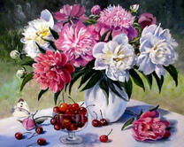 Букет пионов и садовая черешня