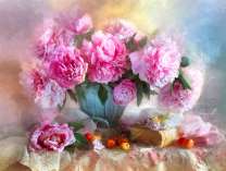 Розовые пионы и черешня