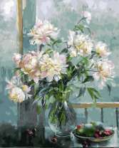 Белые пионы, черешня и груши