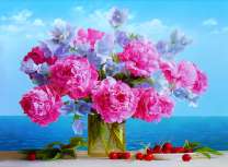 Черешня и букет пионов на фоне моря