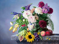 Тюльпаны, пионы и подсолнух в букете