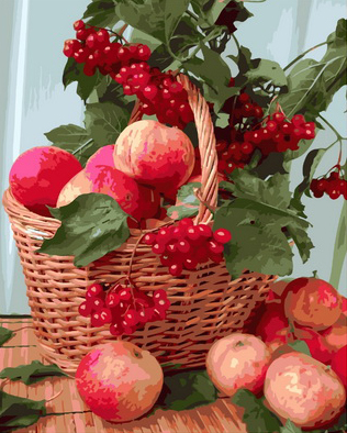 Картина по номерам 40x50 Плетёная корзина с калиной и яблоками