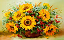 Подсолнухи с полевыми цветами в корзине