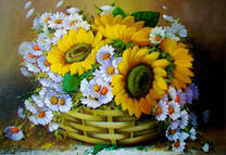 Подсолнухи и ромашки в одном большом букете