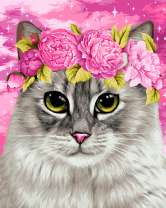 Кошечка с венком из пионов
