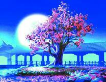 Цветущее дерево на фоне полной луны