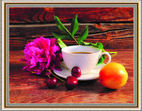 Апельсин, пион и чашечка кофе