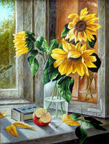 Букет подсолнухов и яблоко