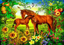 Лошадь и жеребенок среди фруктов и цветов