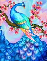 Павлин голубого цвета на ветке сакуры