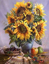 Букет подсолнухов, яблоки и виноград