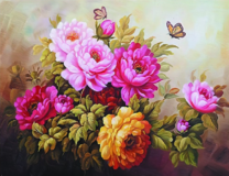 Букет из розовых и желтых пионов с бабочками