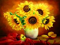Подсолнухи, яблоки и красная драпировка