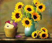 Букет подсолнухов и корзинка с письмами