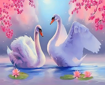 Два белых лебедя среди розовых цветов
