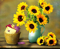 Букет подсолнухов и корзина с письмами