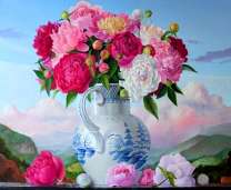 Букет пионов на фоне гор