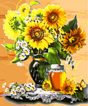 Мёд и букет ромашек с подсолнухами