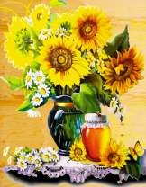 Букет подсолнухов и ромашек и баночка мёда